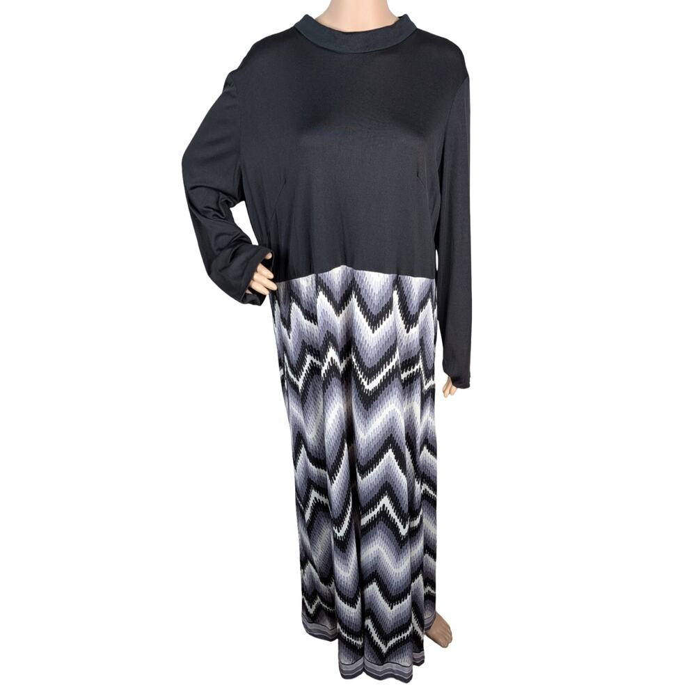 Vtg 70s Emilio Borghese Black Gray Chevron Zig Zag Mod Maxi Dress SZ 1X